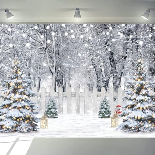 8x6ft Christmas Backdrop Winter Snow Forest White Fence Background Christmas Trees String Lights Lantern Snowman Photograp...