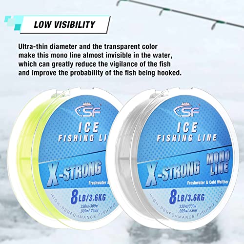 SF X-Strong Monofilament Ice Fishing Line with Spool Mono Line 3/4/6/8LB 330YD/300M Clear/Fluor Green Fishing Wire Freshwater