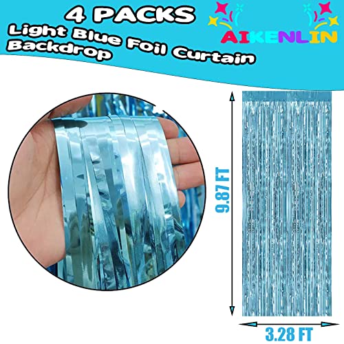 4 Pack Light Blue Foil Fringe Curtain Backdrop, 3.2Ft x 9.8Ft Metallic Tinsel Foil Fringe Streamers Curtains for Party, Ph...