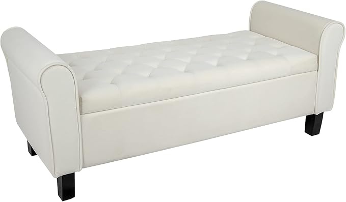 Babion Storage Bench for Bedroom End of Bed, Button Tufted Storage Ottoman Bench 51Inch, End of Bed Storage Bench with Upholstered, Rolled Arm Window Bench Seat with Solid Wood Legs, Beige