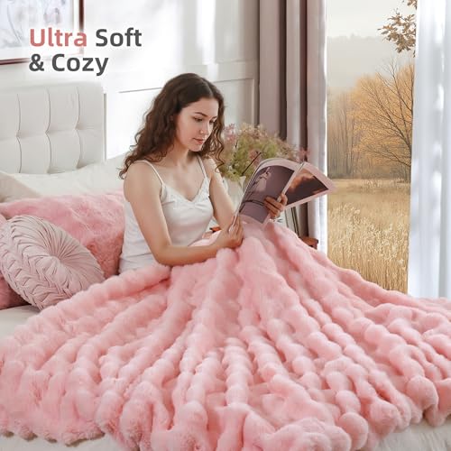 Smoofy Faux Fur Throw Blanket for Couch – Blush Pink Fluffy Cozy Rabbit Fleece, Plush Soft Bubble Blanket for Sofa & Bed, ...