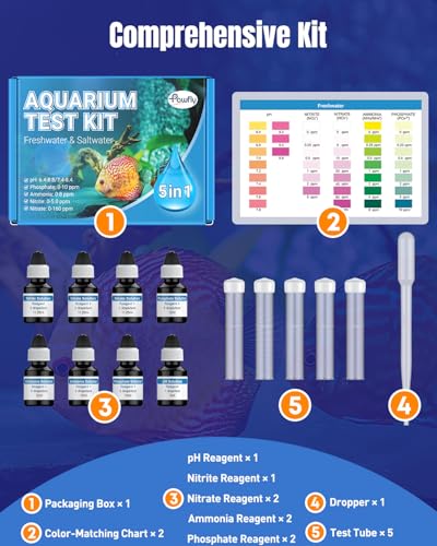 Pawfly 5 in 1 Aquarium Water Master Test Kit, Aquarium Water Test Kit Fish Tank Water Testing Kit for pH Nitrite Nitrate A...