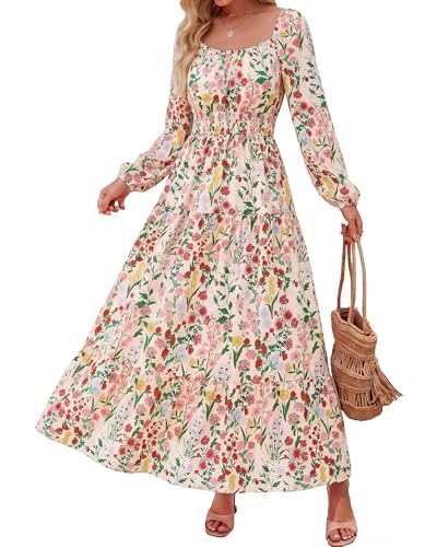 BTFBM Long Sleeve Dress for Women 2026 Spring Fall Boho Floral Square Neck Casual Flowy Long Wedding Guest Maxi Dresses