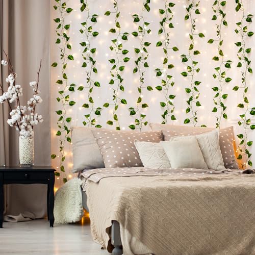 CEWOR 24 Pack 173ft Fake Ivy Vines, Artificial Ivy Garland with 200 LED String Lights, Hanging Plants Greenery Backdrop Gr...