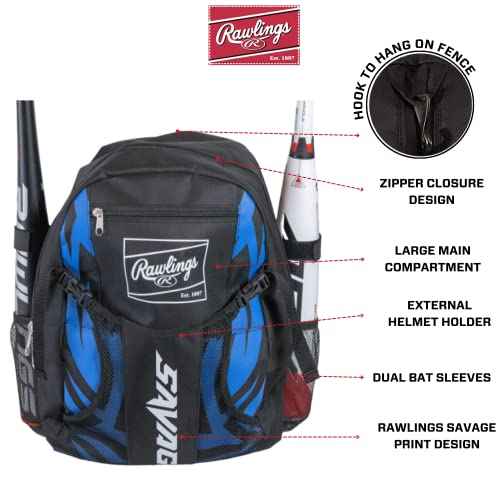 Rawlings | SAVAGE Backpack Equipment Bag | T-Ball/Youth Baseball & Softball | Multiple Styles