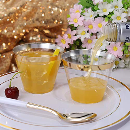 I00000 200 Pack Gold Plastic Cups, 9 Oz Elegant Clear Plastic Cups Gold Rimmed Disposable Wine Glasses Fancy Disposable Pa...