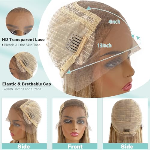 Ash Blonde Highlight Wig Human Hair Pre Plucked with Baby Hair 180% Density Glueless 13x4 HD Lace Frontal Wig Balayage Ash Blonde and Platinum Lace Front Wigs Human Hair with Brown Roots Pre Plucked