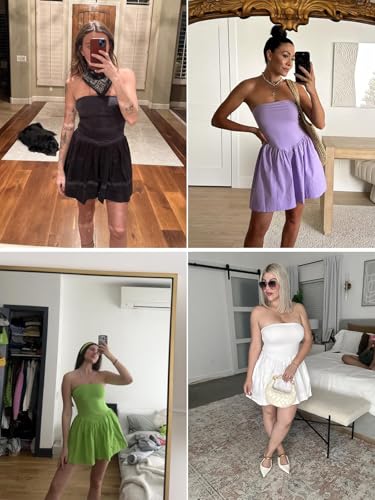 Loafawes Summer Solid Strapless Mini Dress for Women Tube Top Dresses Patchwork Pleated Drop Waist Flared Beach Dress
