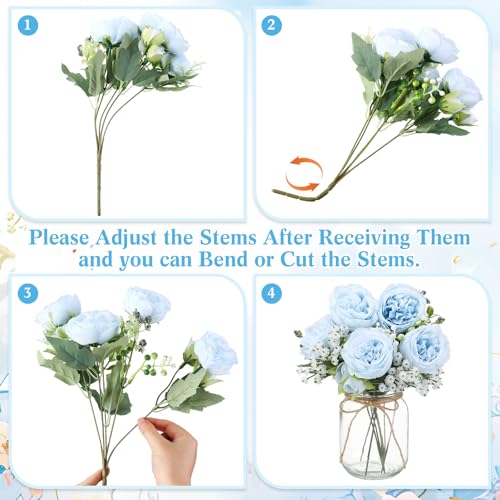 Zeyune 12 Sets Mason Jar Centerpiece Table Decorations, Artificial Peony Baby's Breath Flower Bouquets, Faux Flowers with ...