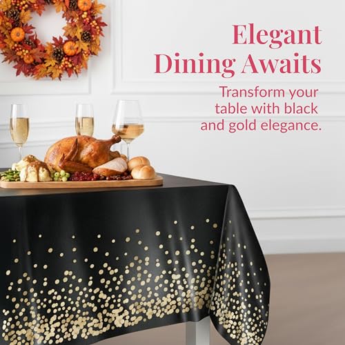 Prestee 4 Pack Gold and Black Table Cloth Rectangle Table Covers 54 x 108 Inches - Plastic Table Cloth Disposable for Part...