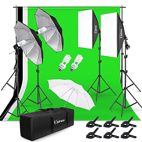 Kshioe Photo Lighting Kit, 2M x 3M/6.6ft x 9.8ft Background Support System and 900W 6400K Umbrellas Softbox Continuous Lig...