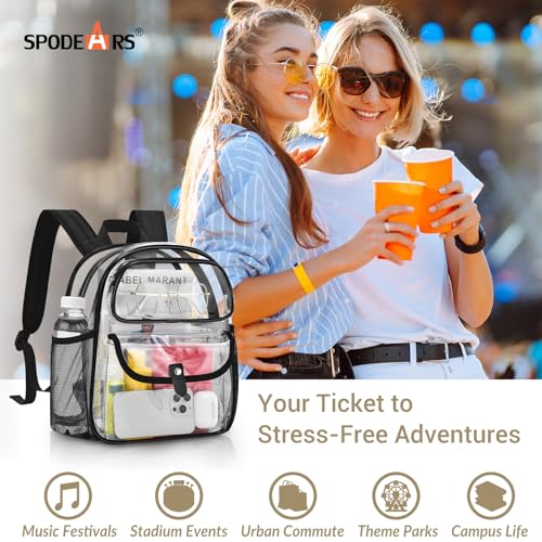 SPODEARS Clear Stadium Backpack for Sports Events, Festival, Travel - 12x6x12 PVC Backpack Multi-Pocket Design, Black