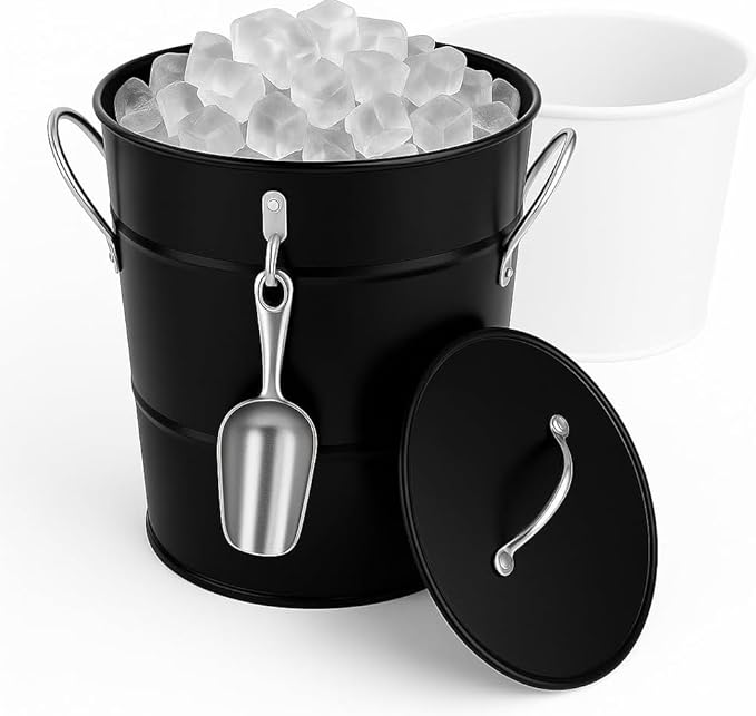 Insulated Ice Bucket with Lid Scoop Handle for Parties Cocktail Bar, 4L Round Mental Champagne Drink Wine Bucket for Drink...