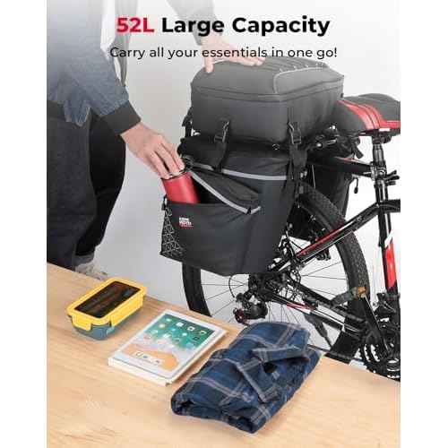 KEMIMOTO Bicycle Panniers Combo 3-in-1, Bike Saddle Grocery Bag with Waterproof Rain Cover, 52L Large Capacity Storage Cargo Cycling Backpack, Mountain Road E-bike Trunk Bag, Black