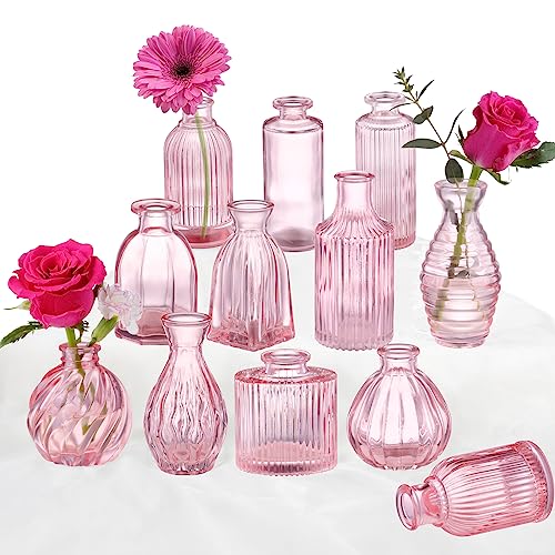 Pink Vase, Bud Vases Set of 12, Small Pink Glass Vases for Flowers Modern Ribbed Glass Bud Vase for Decor Wedding Flower V...