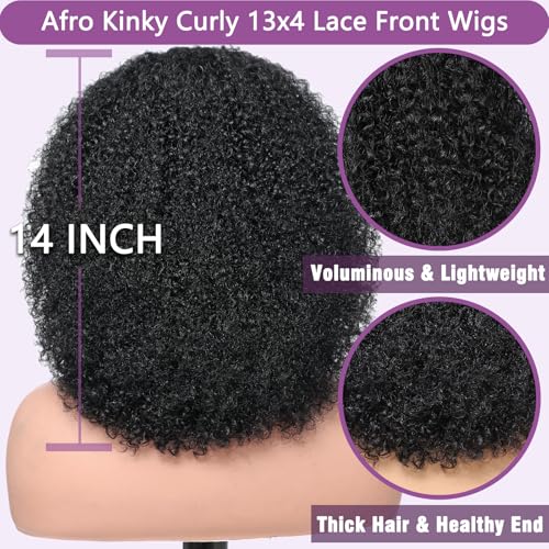 Afro Kinkycurly Wig Human Hair, 13x4 Lace Front Glueless Bob Wigs, 180 Density Pre Plucked Transparent Lace Frontal, Brazilian Kinky Straight Wig for Black Women, Natural Black 14 Inch