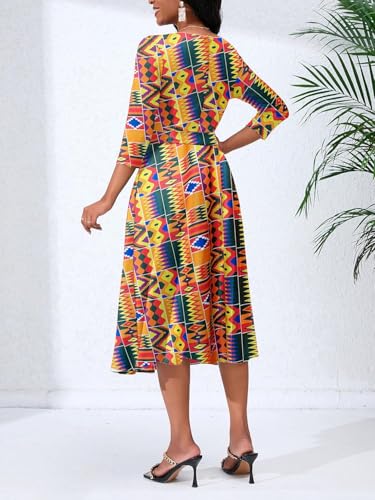Women's Caual Midi Dress 3/4 Sleeve Crewneck A-line Swing Dress for Women with Belt for Wedding Guest & Cocktail Party