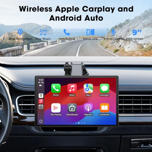 Topexplore Carplay Screen for Car, 9'' Wireless CarPlay & Android Auto- Upgrade Portable Touchscreen with Bluetooth, Mirro...