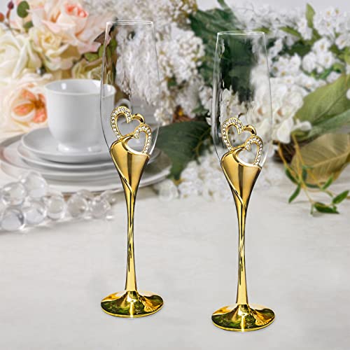 Wedding Champagne Glass Set Gold Toasting Flute Glasses Deluxe Pack of 2 with Rhinestone Rimmed Hearts Decoration for Wedd...