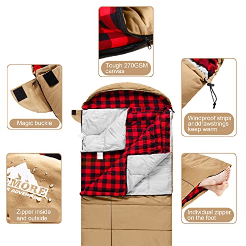 AGEMORE 0 Degree Canvas Sleeping Bag for Adults, Cotton Flannel Sleeping Bag for Winter Camping, Fishing, Hunting or Trave...