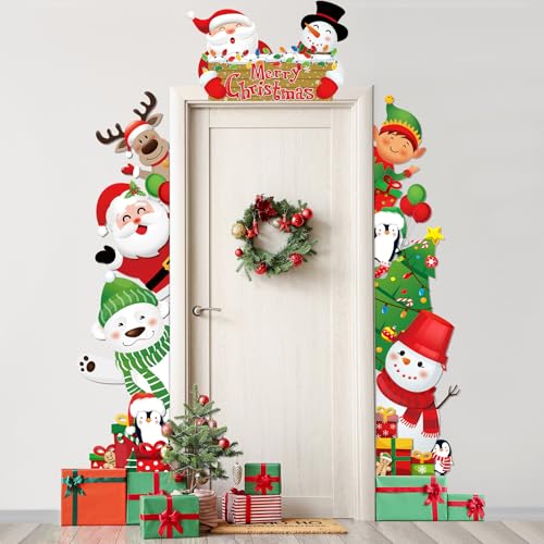 Tiamon 3 Pcs Christmas Door Decorations Banner Merry Christmas Porch Banner Snowman Santa Backdrop Xmas Party Hanging Phot...