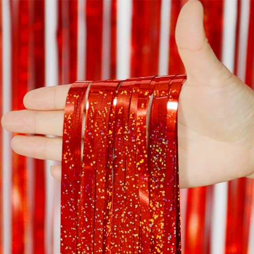 Valentines Day Backdrop Valentines Day Decorations, Melsan Red Tinsel Foil Fringe Curtains Backdrop, 3.2 ft x 8 ft Sparkle...