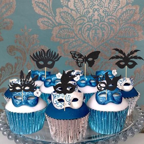 Arthsdite 24Pcs Masquerade Masks Cupcake Toppers Bachelorette Party Mask Cupcake Food Fruit Picks Masquerade Mardi Gras Pa...