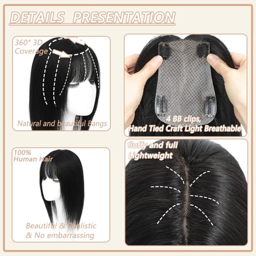 Hair Toppers for Women Real Human Hair,360¡Æ3D Big Basement Cover Topper for Women with Thinning Crown with Wispy Clip in Bangs Realistic Scalp (1B, 3D Wispy Bangs 14INCH)