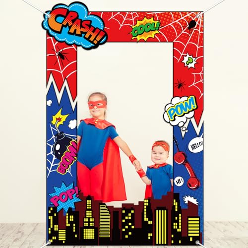Fabric Comic Hero Photo Prop Super Theme Hero Birthday Party Decoration Red Spider Web Backdrop Banner Cityscape Theme Pho...