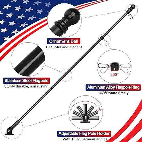 Flag Pole Kit, 6 FT Flag Pole for Outside House, with Heavy Duty Holder Bracket, Aluminum Alloy Tangle Free Rings, Thickened Stainless Steel Flagpoles for Residential, Outdoor or Porch, 1 Inch Black