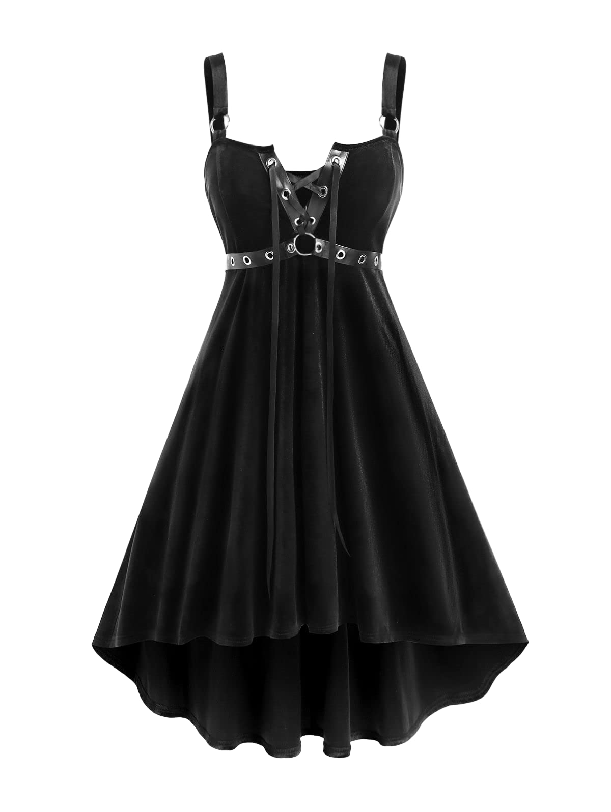 ROSE GAL Rosegal Gothic Lace Up Grommets High Low Velvet Midi Dress（Black-215/M）