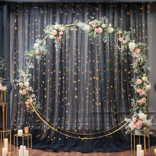 10x10ft Black Tulle Backdrop Curtain with Lights String for Parites, Sheer Photo Backdrop Curtains with Lights for Wedding...