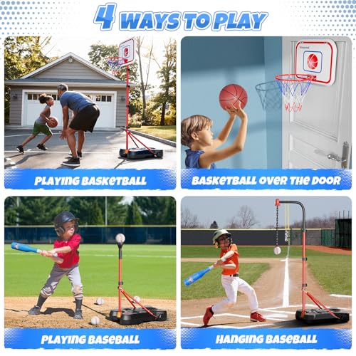 HopeRock 2 in 1 Kids Basketball Hoop and T Ball Set, Adjustable Basket Ball Stand,Hanging Tee Baseball for Toddlers Boys G...