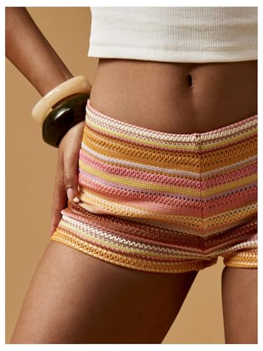 RoseSeek Women's Striped Color Block Low Rise Mini Shorts Boho Summer Skinny Shorts Hot Pants Festival Outfits