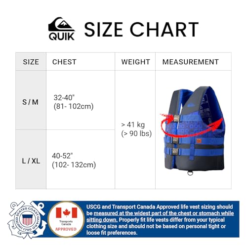 QUIKSILVER USCG Approved Men's Life Vest Type III PFD, Lightweight EPE Foam Life Jackets with Quick-Release Buckles and Dr...