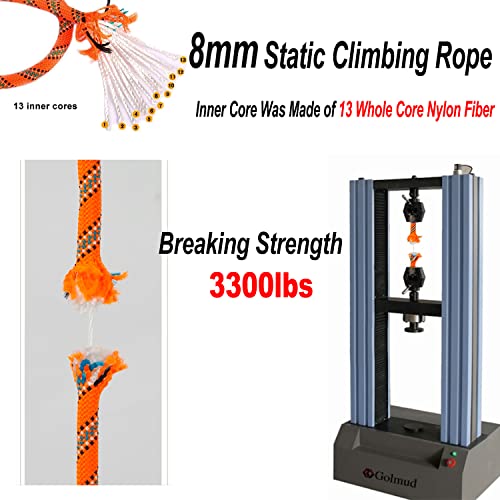 NTR Orange/Black/Blue/Green Climbing Rope 10M(32ft) 20M(64ft) 30M(96ft) 50M(160ft), 8MM Static Rock Climbing Rope with 2 S...