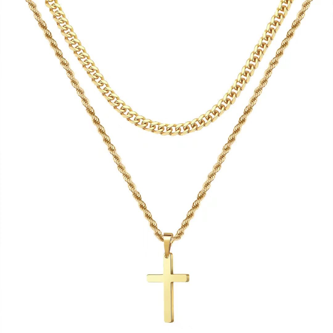 Ursteel Gold Cross Necklace for Men - Gold Cross Chain Necklace for Men Jewelry Gifts Layered Rope Chain 20 22 Inch