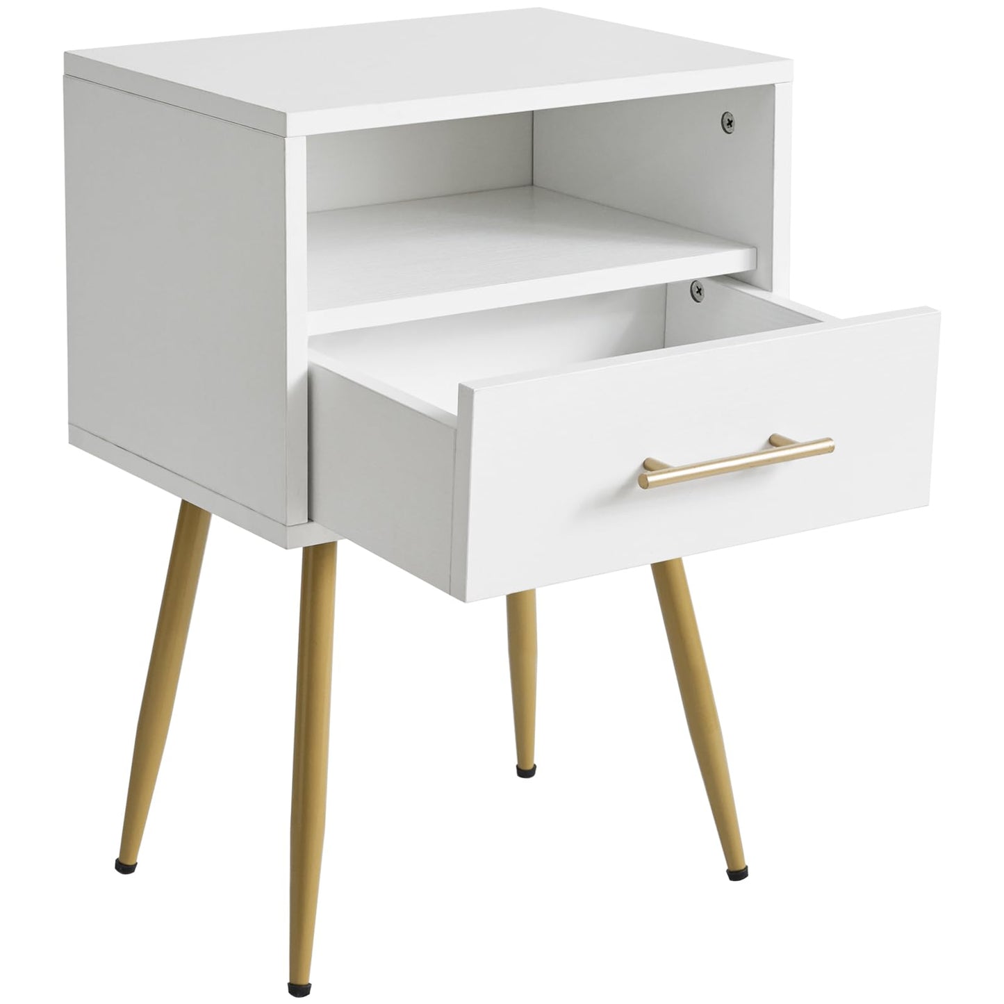 IBUYKE Nightstand, Mid Century Modern Night Stand, Bedside Table with Drawers and Open Storage Shelf, End Side Table with Metal Legs, for Bedroom, Small Spaces, White UWNS004W