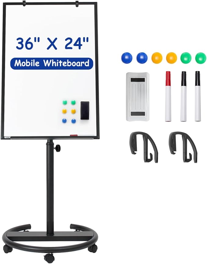 Mobile Whiteboard, 36” x 24” Magnetic Portable White Board on Wheels, Height Adjustable Standing Dry Erase Board with Stan...