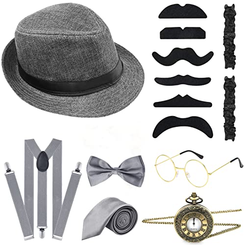 ELECLAND 10 Pieces 1920s Men Costume Accessories Set Roaring Retro Gangster Costume, Hat, Bow Tie, Pocket Watch, Suspender
