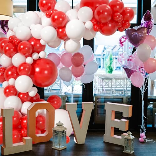 110pcs Red and White Balloons Garland Arch Kit, 18/12/10/5 Inch White Red Latex Balloons for Valentine’s Day, Christmas, N...