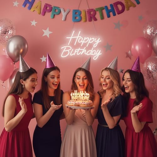 Happy Birthday Neon Sign for Backdrop, LED Happy Birthday Light Up Sign, USB Powered Dimmable Neon Light for Birthday Part...