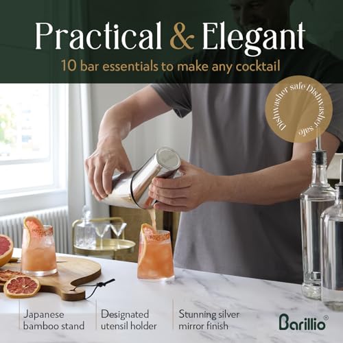 Barillio Elite Mixology Bartender Kit with Stand - Cocktail Shaker Set with Bamboo Stand, Boston Drink Shaker, Mojito Mudd...