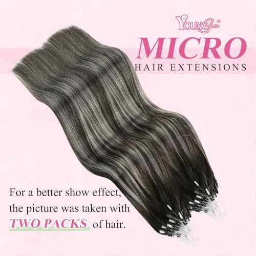 YoungSee Micro Loop Hair Extensions Real Human Hair Ombre Microlink Hair Extensions Balayage Black with Silver Bead Hair Extension Human Hair Straight 24 Inch 50g 50s