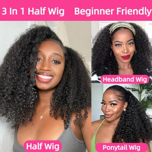 Half Wig 200 Density Kinky Curly Half Wig Human Hair Glueless Wear Go Curly Wig Beginner Friendly Seamless Flip Over Wig with Drawstring 3 In 1 Headband Wig for Women 16 Inch