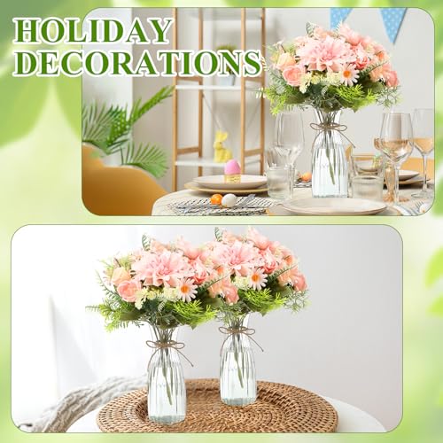 Reallnaive 30 Pack Artificial Flowers with Vase Bulk, 20 Bundles Silk Floral Bouquet 10 Clear Vase with 1 Pcs Rope, Mason ...