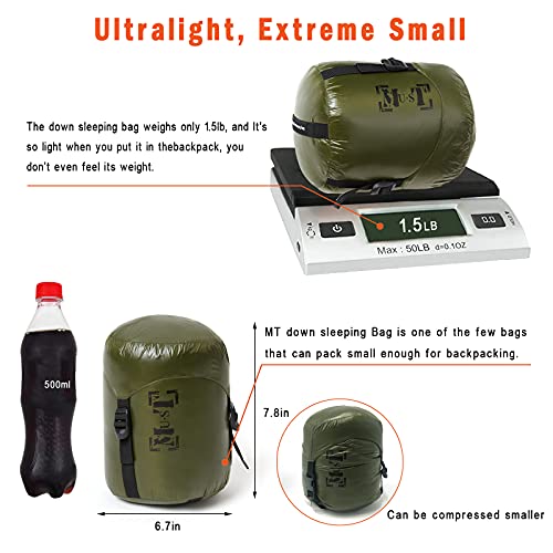 MT Ultralight Down Sleeping Bag 41-68 Degree F 400 Fill Power 3 Seasons - 1.5lbs Compact Portable Waterproof Camping Sleep...