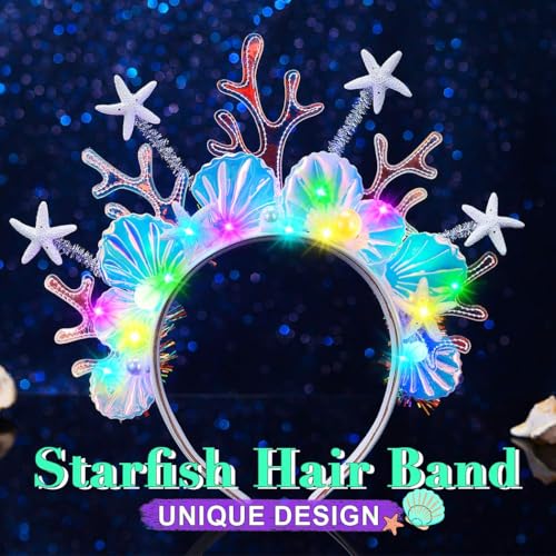 JAKAWIN Light Up Mermaid Costume Headband Starfish Ocean Hair Accessories Shell Led Headpiece for Women
