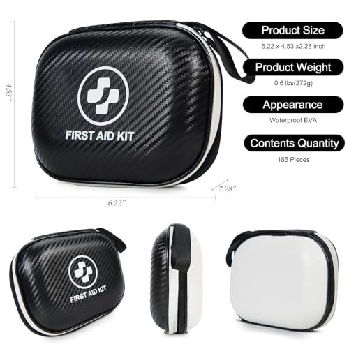 Small First Aid Kit - 185 Pieces Waterproof Emergency Kit for Home, Car, Travel, Camping, Hiking & Outdoor - Portable Hard...