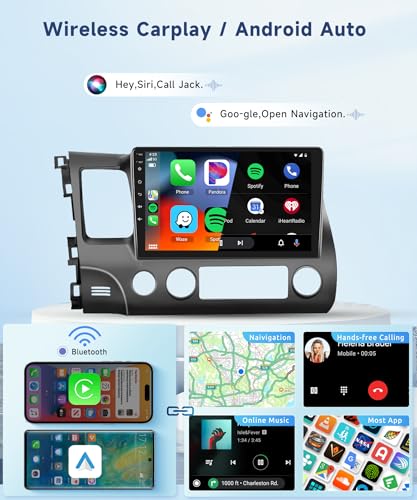 for Honda Civic 2006-2011 Wireless Carplay Android Car Stereo Support Wireless Android Auto with WiFi GPS Navigation AHD B...